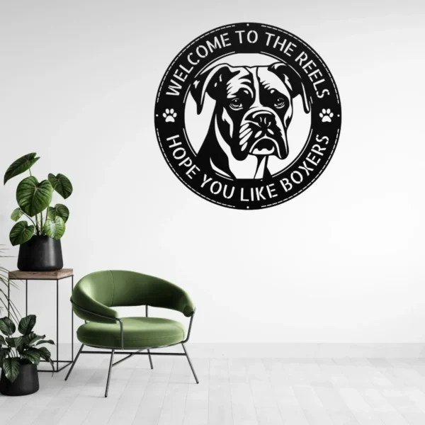 Personalized boxer dog metal sign in 16 gauge steel for welcome wall decor, custom family name plaque for home, porch and dog lover gift art.