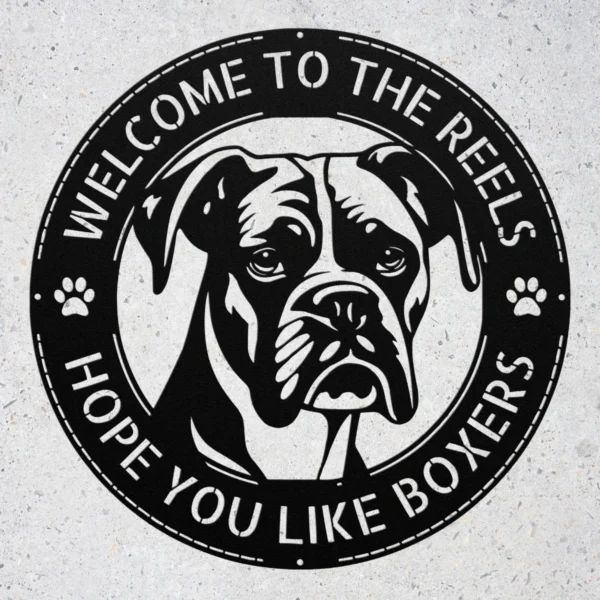 Personalized boxer dog metal sign in 16 gauge steel for welcome wall decor, custom family name plaque for home, porch and dog lover gift art.