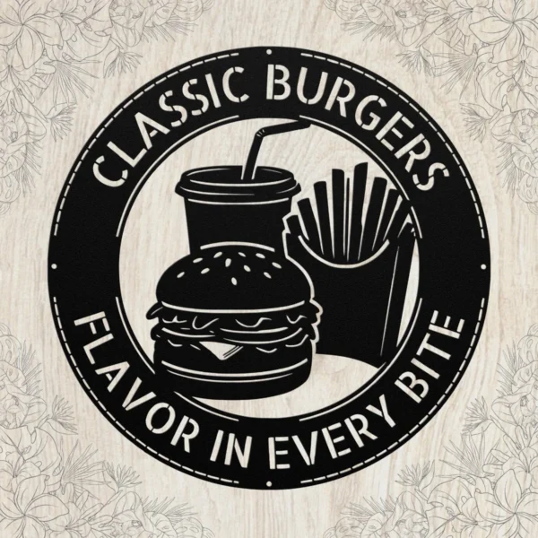 Personalized Burger Metal Sign Custom Kitchen Art Decor Personalized burger metal sign in 16 gauge steel for kitchen wall decor, custom fast food plaque for restaurant, diner and gift art.