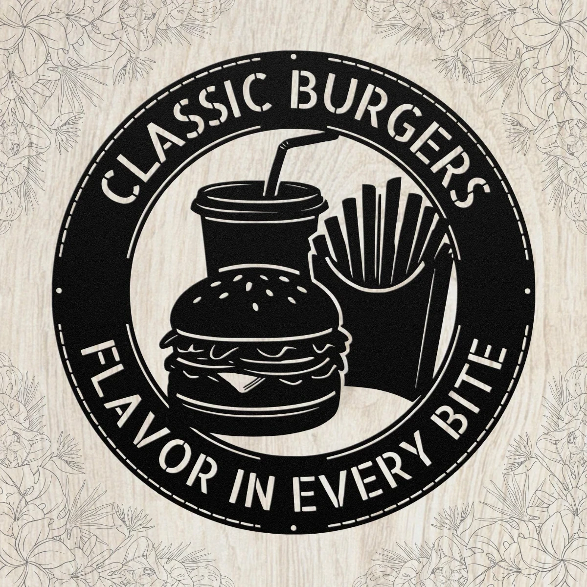 Personalized burger metal sign in 16 gauge steel for kitchen wall decor, custom fast food plaque for restaurant, diner and gift art.