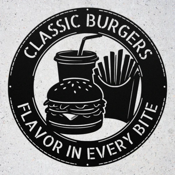 Personalized Burger Metal Sign Custom Kitchen Art Decor Personalized burger metal sign in 16 gauge steel for kitchen wall decor, custom fast food plaque for restaurant, diner and gift art.