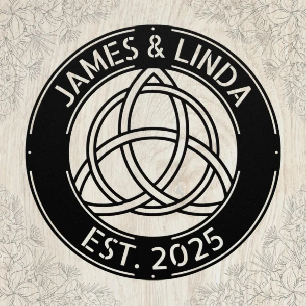 Personalized Celtic Knot Metal Art Sign Couple Names Wall Decor Personalized Celtic knot metal art sign in 16 gauge steel for couple name wall decor, custom wedding anniversary plaque and romantic home gift.