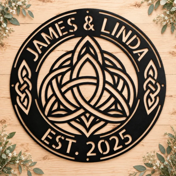 Personalized Celtic Knot Metal Art Sign Couple Names Wall Decor Personalized Celtic knot metal art sign in 16 gauge steel for couple name wall decor, custom wedding anniversary plaque and romantic home gift.