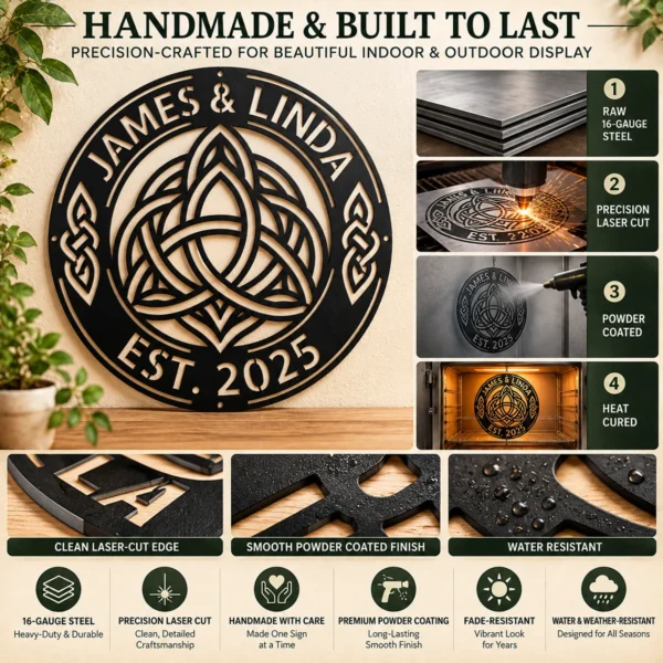 Personalized Celtic Knot Metal Art Sign Couple Names Wall Decor Personalized Celtic knot metal art sign in 16 gauge steel for couple name wall decor, custom wedding anniversary plaque and romantic home gift.