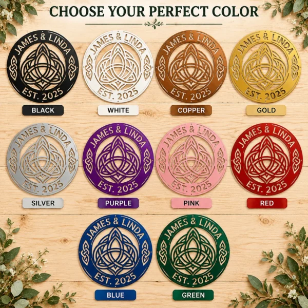 Personalized Celtic Knot Metal Art Sign Couple Names Wall Decor Personalized Celtic knot metal art sign in 16 gauge steel for couple name wall decor, custom wedding anniversary plaque and romantic home gift.