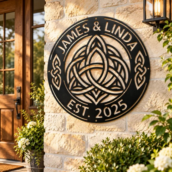 Personalized Celtic Knot Metal Art Sign Couple Names Wall Decor Personalized Celtic knot metal art sign in 16 gauge steel for couple name wall decor, custom wedding anniversary plaque and romantic home gift.