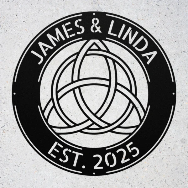 Personalized Celtic Knot Metal Art Sign Couple Names Wall Decor Personalized Celtic knot metal art sign in 16 gauge steel for couple name wall decor, custom wedding anniversary plaque and romantic home gift.