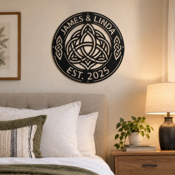 Personalized Celtic Knot Metal Art Sign Couple Names Wall Decor Personalized Celtic knot metal art sign in 16 gauge steel for couple name wall decor, custom wedding anniversary plaque and romantic home gift.