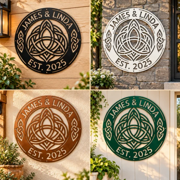 Personalized Celtic Knot Metal Art Sign Couple Names Wall Decor Personalized Celtic knot metal art sign in 16 gauge steel for couple name wall decor, custom wedding anniversary plaque and romantic home gift.