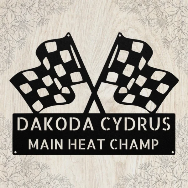 Personalized Checkered Flag Metal Sign – Racing Wall Decor Personalized checkered flag metal art sign in 16 gauge steel for racing wall decor, custom garage plaque for car lovers and motorsport fans.