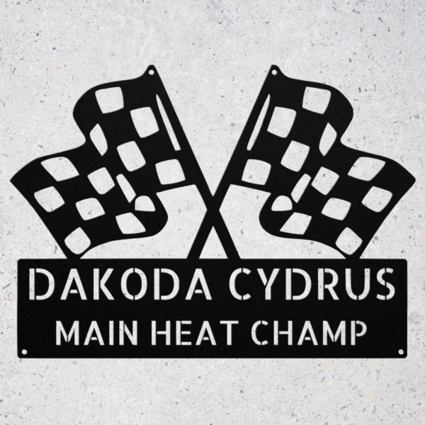 Personalized Checkered Flag Metal Sign – Racing Wall Decor Personalized checkered flag metal art sign in 16 gauge steel for racing wall decor, custom garage plaque for car lovers and motorsport fans.