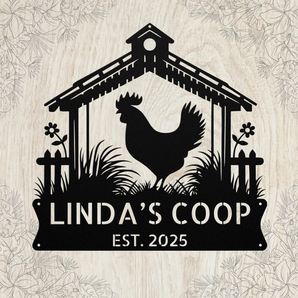 Personalized chicken coop metal sign in 16 gauge steel for farmhouse wall decor, custom poultry plaque for coop, barn and rustic gift art.
