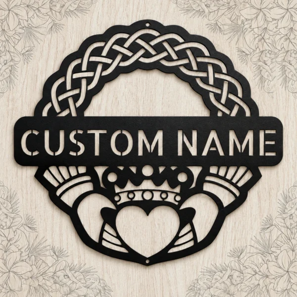 Personalized Claddagh Crest Metal Art Sign Custom Irish Wall Decor Personalized Claddagh crest metal sign in 16 gauge steel for Irish wall decor, custom wedding anniversary plaque and romantic home gift.