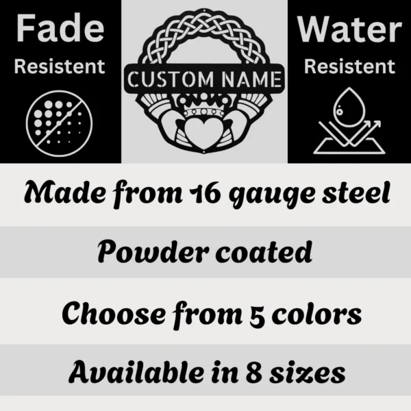 Personalized Claddagh Crest Metal Art Sign Custom Irish Wall Decor Personalized Claddagh crest metal art sign in 16 gauge steel for Irish wall decor, custom wedding anniversary plaque and romantic home gift.