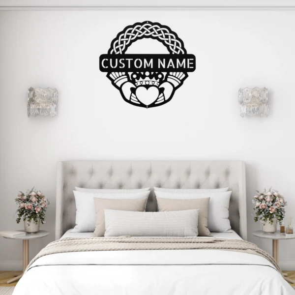 Personalized Claddagh Crest Metal Art Sign Custom Irish Wall Decor Personalized Claddagh crest metal art sign in 16 gauge steel for Irish wall decor, custom wedding anniversary plaque and romantic home gift.