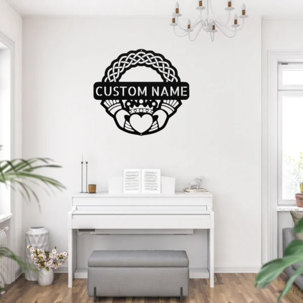 Personalized Claddagh Crest Metal Art Sign Custom Irish Wall Decor Personalized Claddagh crest metal art sign in 16 gauge steel for Irish wall decor, custom wedding anniversary plaque and romantic home gift.