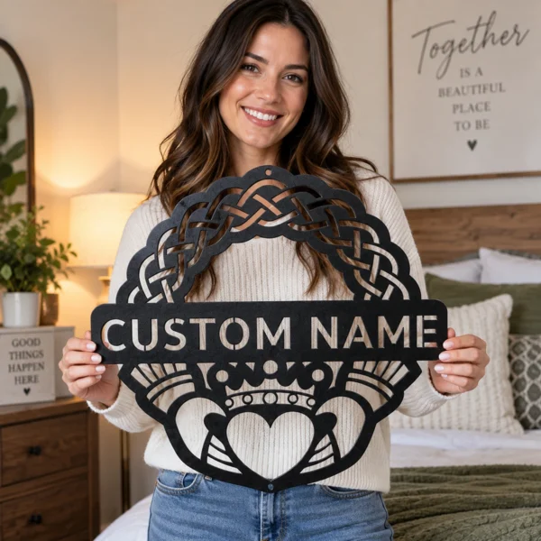 Personalized Claddagh Crest Metal Art Sign Custom Irish Wall Decor Personalized Claddagh crest metal sign in 16 gauge steel for Irish wall decor, custom wedding anniversary plaque and romantic home gift.