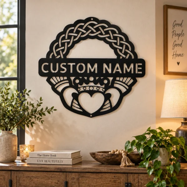 Personalized Claddagh Crest Metal Art Sign Custom Irish Wall Decor Personalized Claddagh crest metal sign in 16 gauge steel for Irish wall decor, custom wedding anniversary plaque and romantic home gift.