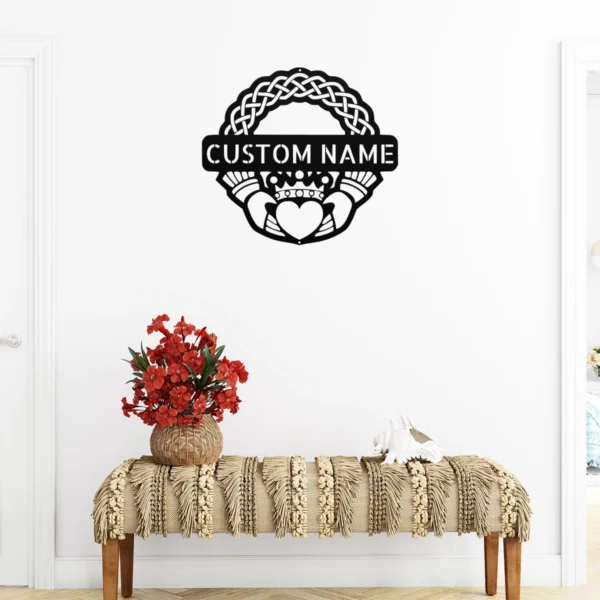 Personalized Claddagh Crest Metal Art Sign Custom Irish Wall Decor Personalized Claddagh crest metal art sign in 16 gauge steel for Irish wall decor, custom wedding anniversary plaque and romantic home gift.