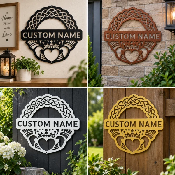 Personalized Claddagh Crest Metal Art Sign Custom Irish Wall Decor Personalized Claddagh crest metal sign in 16 gauge steel for Irish wall decor, custom wedding anniversary plaque and romantic home gift.