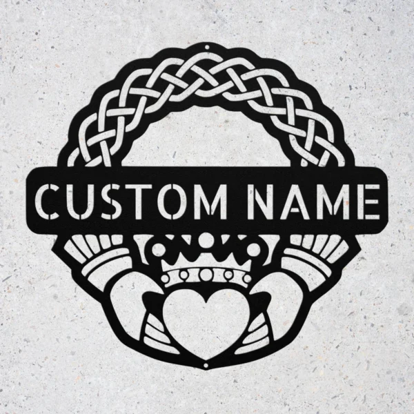 Personalized Claddagh Crest Metal Art Sign Custom Irish Wall Decor Personalized Claddagh crest metal art sign in 16 gauge steel for Irish wall decor, custom wedding anniversary plaque and romantic home gift.