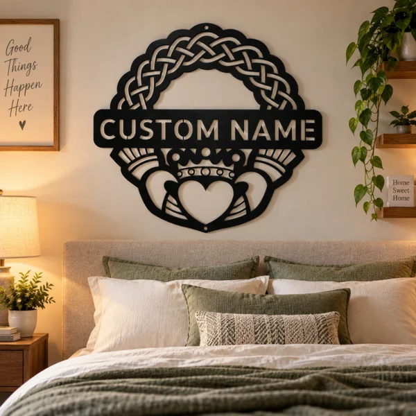 Personalized Claddagh Crest Metal Art Sign Custom Irish Wall Decor Personalized Claddagh crest metal sign in 16 gauge steel for Irish wall decor, custom wedding anniversary plaque and romantic home gift.