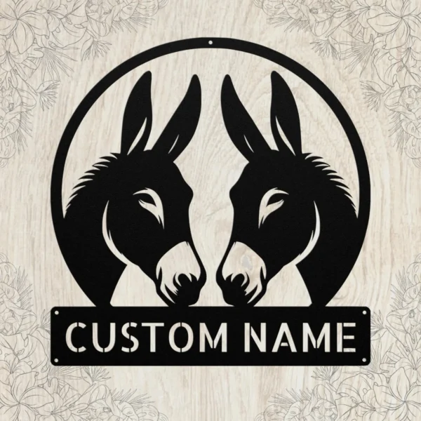 Personalized couple donkeys metal sign in 16 gauge steel for farm wall decor, custom animal plaque for barn, farmhouse and gift art.