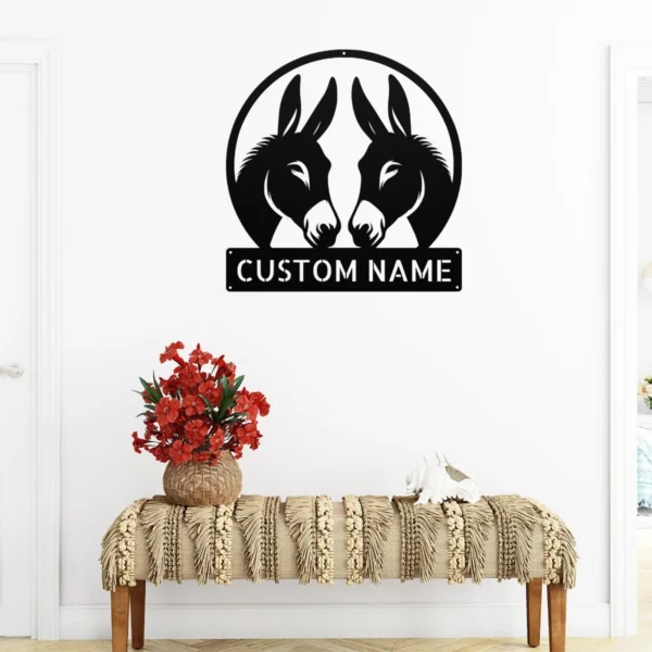 Personalized couple donkeys metal sign in 16 gauge steel for farm wall decor, custom animal plaque for barn, farmhouse and gift art.