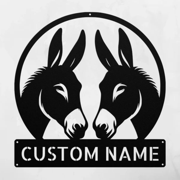 Personalized couple donkeys metal sign in 16 gauge steel for farm wall decor, custom animal plaque for barn, farmhouse and gift art.