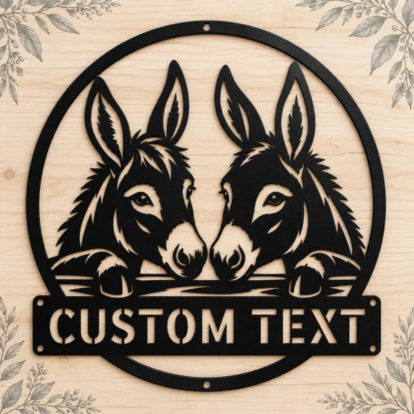 Personalized Couple Donkeys Metal Sign Custom Farm Decor Personalized couple donkeys metal sign in 16 gauge steel for farm wall decor, custom animal plaque for barn, farmhouse and gift art.