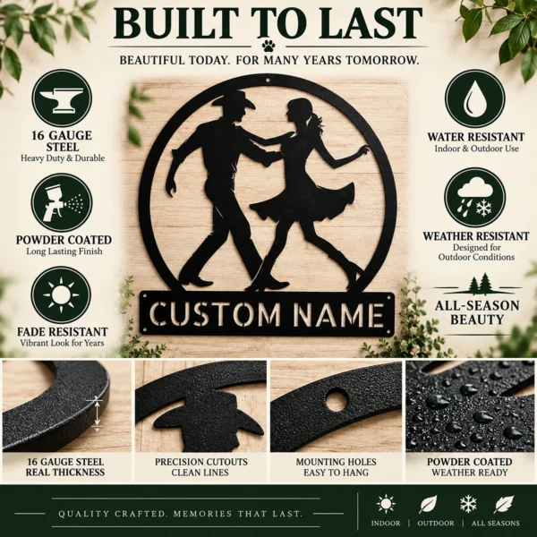 Personalized couple line dancing sign in 16 gauge steel for country dance wall decor, custom name plaque and romantic couple gift art.