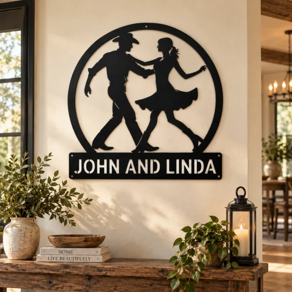Personalized couple line dancing sign in 16 gauge steel for country dance wall decor, custom name plaque and romantic couple gift art.