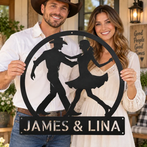 Personalized couple line dancing sign in 16 gauge steel for country dance wall decor, custom name plaque and romantic couple gift art.