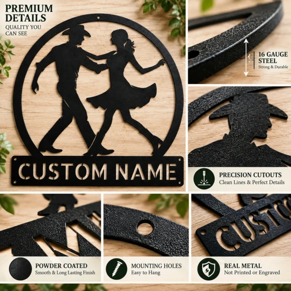 Personalized couple line dancing sign in 16 gauge steel for country dance wall decor, custom name plaque and romantic couple gift art.