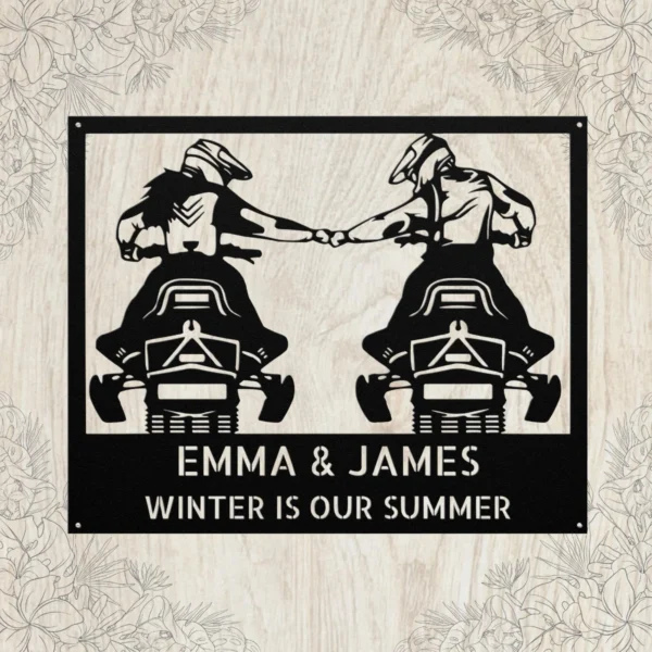 Personalized Couple Snowmobile Metal Sign Winter Sports Wall Art Personalized couple snowmobile metal sign in 16 gauge steel for winter sports wall decor, custom snowmobile lovers gift and wall art sign.