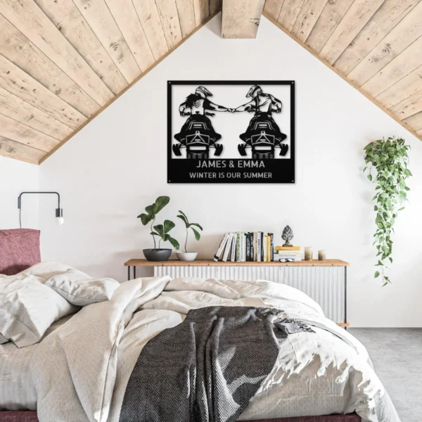 Personalized Couple Snowmobile Metal Sign Winter Sports Wall Art Personalized couple snowmobile metal sign in 16 gauge steel for winter sports wall decor, custom snowmobile lovers gift and wall art sign.