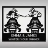 Personalized Couple Snowmobile Metal Sign Winter Sports Wall Art Personalized couple snowmobile metal sign in 16 gauge steel for winter sports wall decor, custom snowmobile lovers gift and wall art sign.