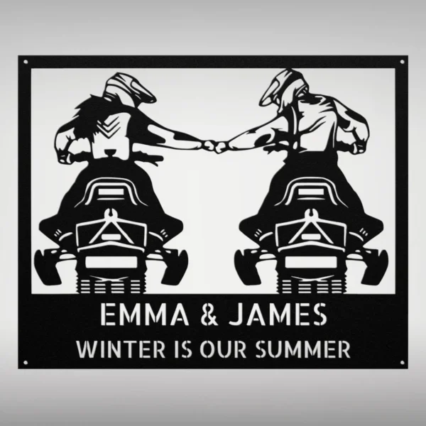 Personalized Couple Snowmobile Metal Sign Winter Sports Wall Art Personalized couple snowmobile metal sign in 16 gauge steel for winter sports wall decor, custom snowmobile lovers gift and wall art sign.