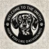 Personalized Dachshund Dog Metal Sign Custom Family Welcome Decor Personalized Dachshund dog metal sign in 16 gauge steel for welcome wall decor, custom family name pet lover plaque and home gift art.