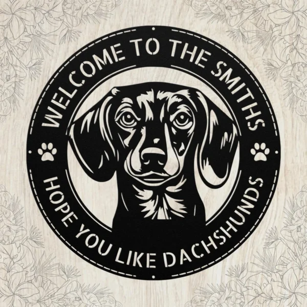 Personalized Dachshund Dog Metal Sign Custom Family Welcome Decor Personalized Dachshund dog metal sign in 16 gauge steel for welcome wall decor, custom family name pet lover plaque and home gift art.