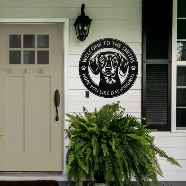 Personalized Dachshund Dog Metal Sign Custom Family Welcome Decor Personalized Dachshund dog metal sign in 16 gauge steel for welcome wall decor, custom family name pet lover plaque and home gift art.