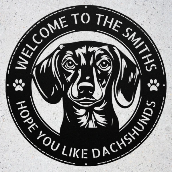 Personalized Dachshund Dog Metal Sign Custom Family Welcome Decor Personalized Dachshund dog metal sign in 16 gauge steel for welcome wall decor, custom family name pet lover plaque and home gift art.