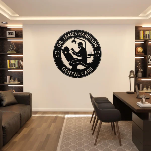 Personalized metal dentist wall sign customizable with name or text. Perfect office decor or gift for dentists, clinics, and dental graduates.