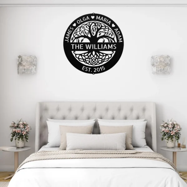 Personalized Family Tree Metal Sign Custom Last Name Wall Art Decor Personalized family tree metal sign in 16 gauge steel for custom last name wall decor, home plaque for entryway, wedding and gift art.