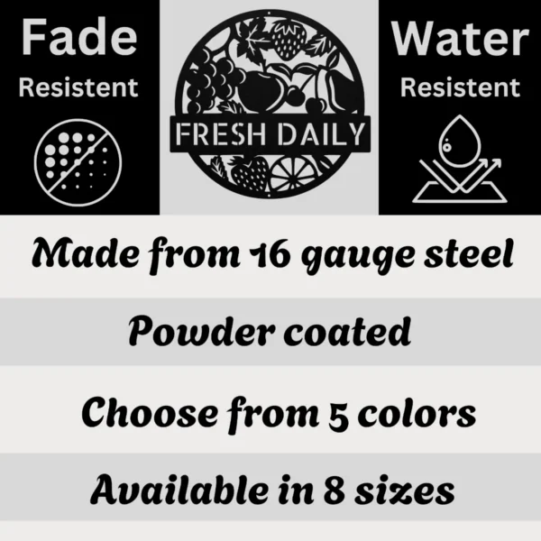 Personalized fruits metal sign in 16 gauge steel for kitchen wall decor, custom tropical plaque for home, café, fruit shop and gift art.