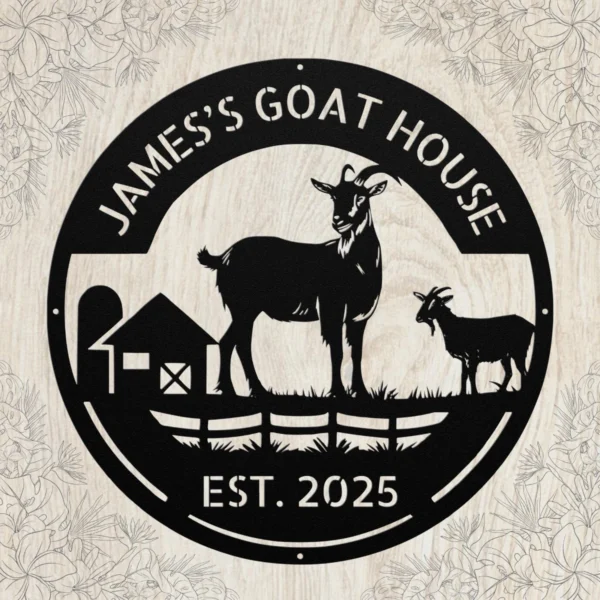 Personalized Goat House Metal Sign Farm Barn Wall Art Decor Personalized goat house metal sign in 16 gauge steel for farm barn wall decor, custom goat farm plaque for outdoor use and rustic gift art.