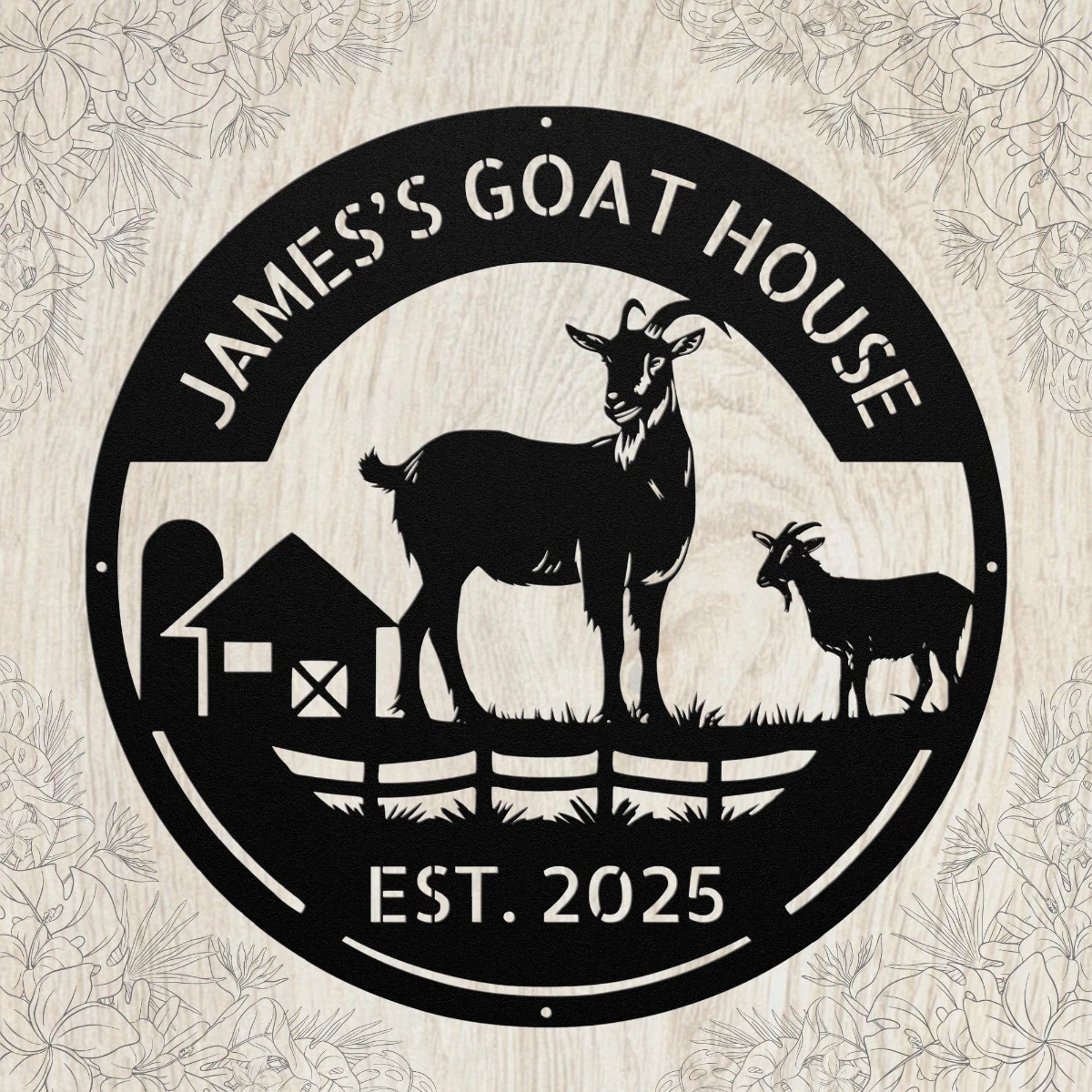 Personalized goat house metal sign in 16 gauge steel for farm barn wall decor, custom goat farm plaque for outdoor use and rustic gift art.