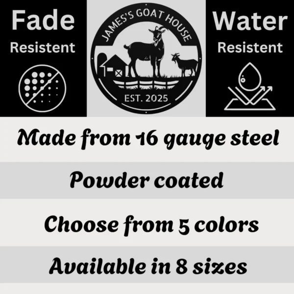 Personalized Goat House Metal Sign Farm Barn Wall Art Decor Personalized goat house metal sign in 16 gauge steel for farm barn wall decor, custom goat farm plaque for outdoor use and rustic gift art.
