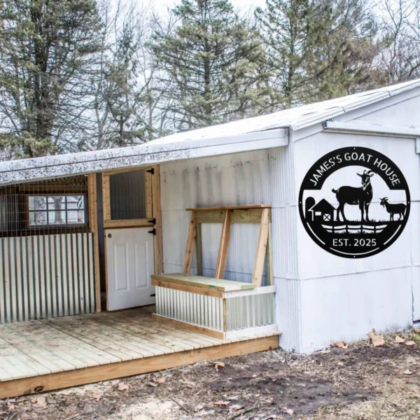 Personalized Goat House Metal Sign Farm Barn Wall Art Decor Personalized goat house metal sign in 16 gauge steel for farm barn wall decor, custom goat farm plaque for outdoor use and rustic gift art.