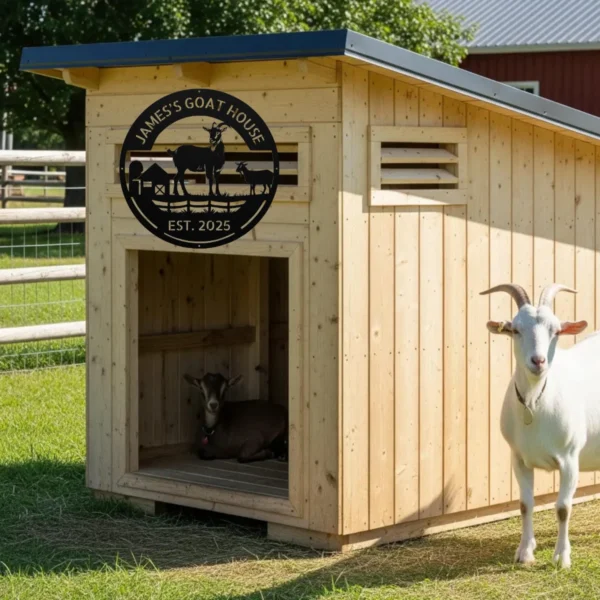 Personalized Goat House Metal Sign Farm Barn Wall Art Decor Personalized goat house metal sign in 16 gauge steel for farm barn wall decor, custom goat farm plaque for outdoor use and rustic gift art.
